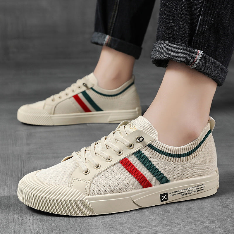 Effortless Knit Fashion Sneaker for Women with Lace Up Low Top Striped Trim Casual Style