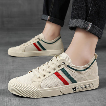 Effortless Knit Fashion Sneaker for Women with Lace Up Low Top Striped Trim Casual Style