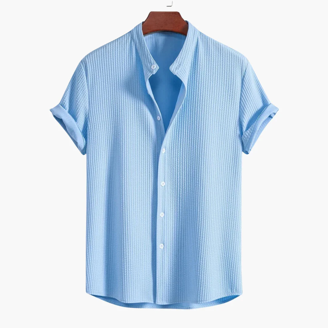 Effortless Textured Button Up Shirt for Women with Banded Collar Short Sleeve Relaxed Casual Style