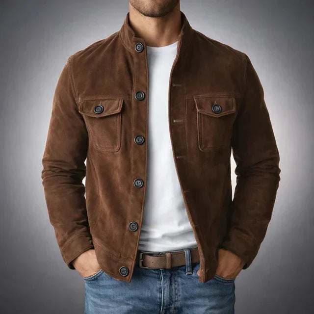 Effortless Suede Jacket for Women with Stand Collar Long Sleeve Flap Pocket Casual Style