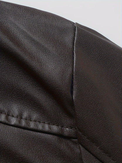 Elegant Navy Blue Leather Jacket for Women with Stand Collar Long Sleeve Zip Pocket Moto Style
