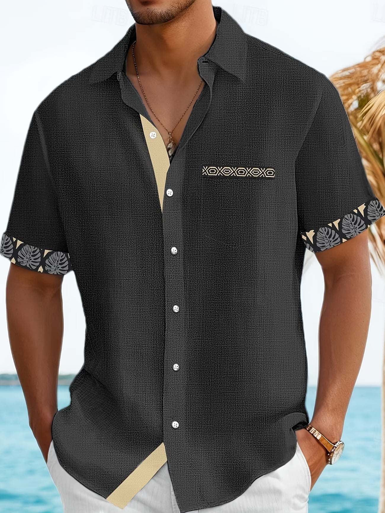 Effortless Linen Tropical Print Shirt for Women with Collar Short Sleeve Color Block Button Front Casual Style