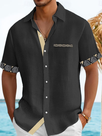 Effortless Linen Tropical Print Shirt for Women with Collar Short Sleeve Color Block Button Front Casual Style