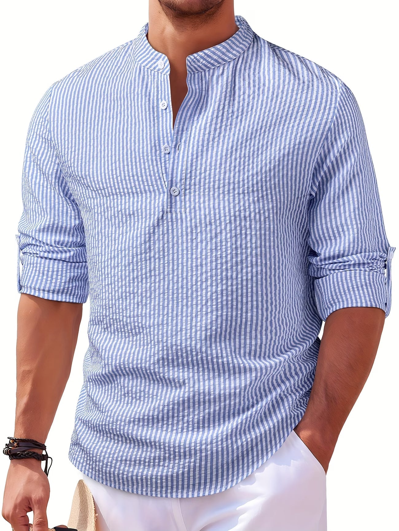Effortless Striped Seersucker Shirt for Women with Band Collar Long Sleeve Henley Placket Relaxed Style