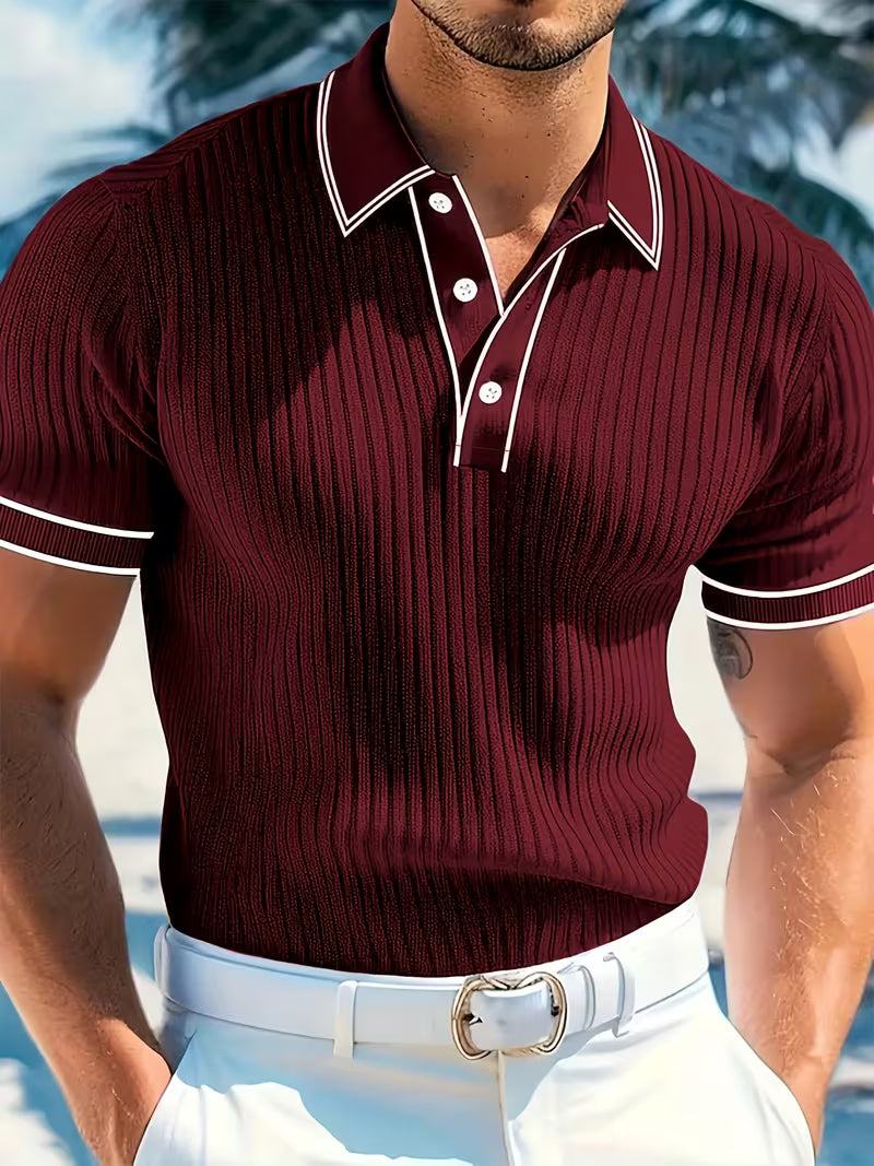 Effortless Ribbed Knit Polo Shirt for Women with Collar Short Sleeve Contrast Trim Casual Style