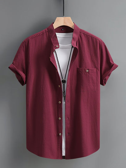 Effortless Linen Shirt for Women with Stand Collar Short Sleeve Button Front Casual Style