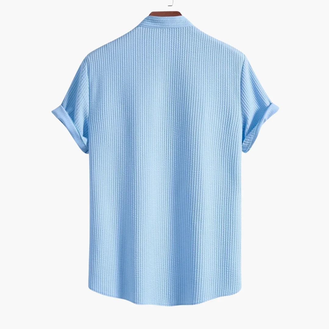 Effortless Textured Button Up Shirt for Women with Banded Collar Short Sleeve Relaxed Casual Style