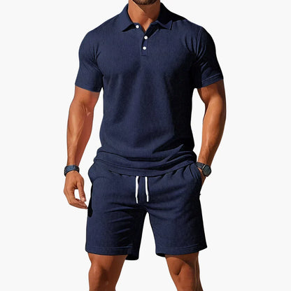 Comfortable Textured Knit Two Piece Set for Women with Collared Short Sleeve Drawstring Shorts Casual Style