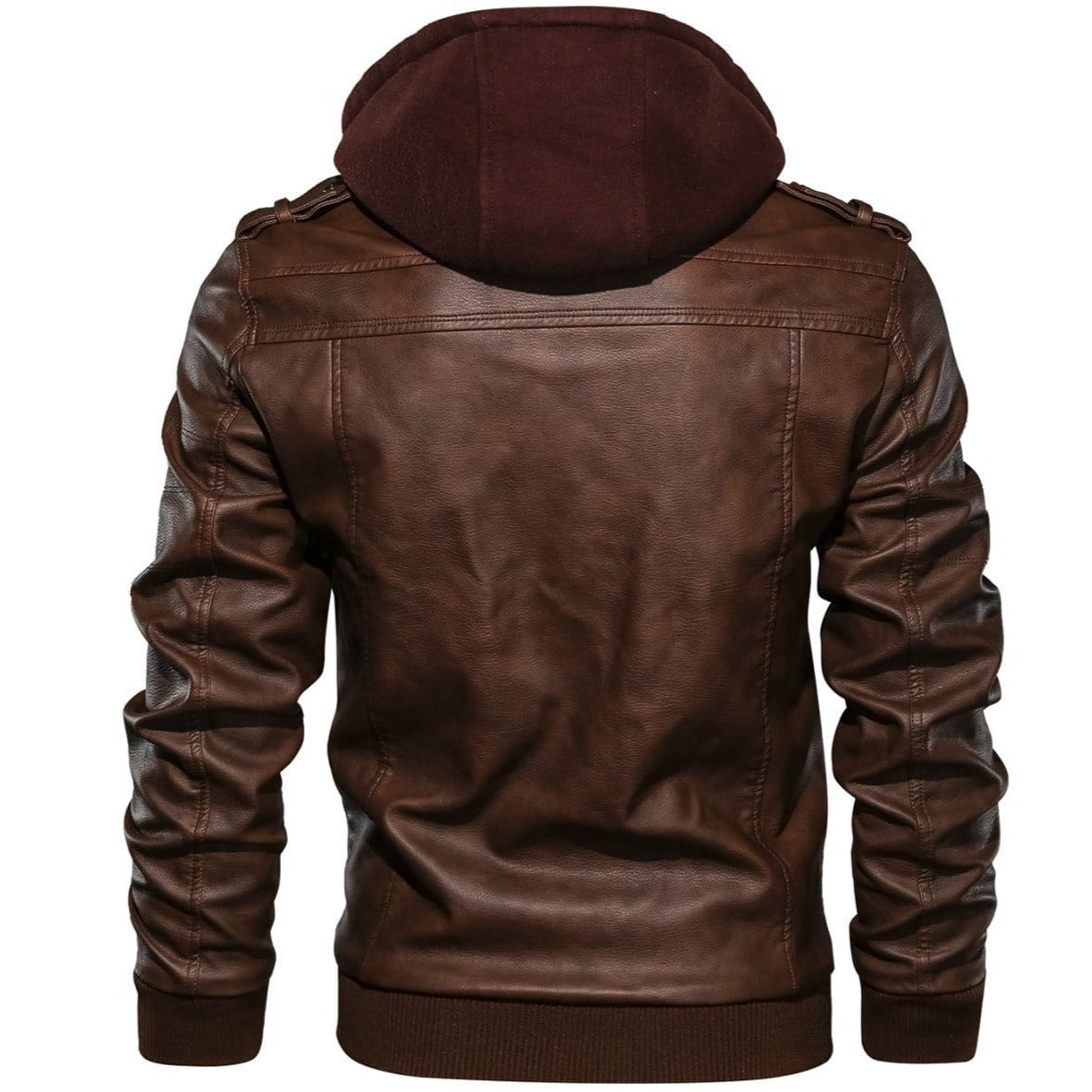Effortless Brown Leather Jacket for Women with Stand Collar Long Sleeve Detachable Hood Casual Style
