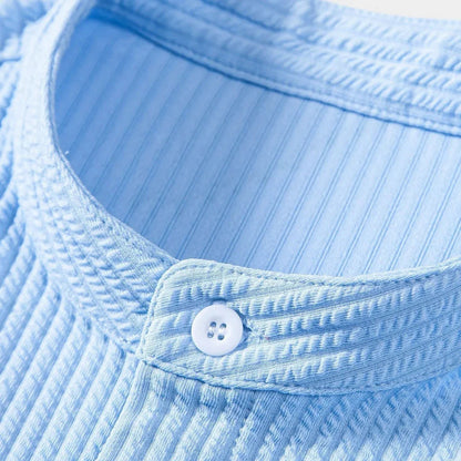 Effortless Textured Button Up Shirt for Women with Banded Collar Short Sleeve Relaxed Casual Style