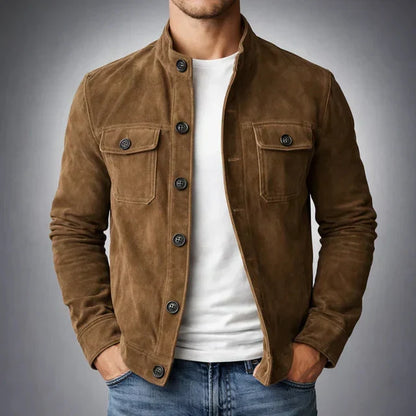 Effortless Suede Jacket for Women with Stand Collar Long Sleeve Flap Pocket Casual Style