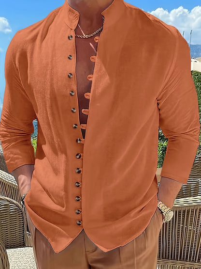 Effortless Linen Button Front Shirt for Women with Stand Collar Long Sleeve Curved Hem Relaxed Casual Style