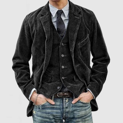 Elegant Corduroy Blazer for Women with Lapel Collar Long Sleeve Vest Detail Tailored Style