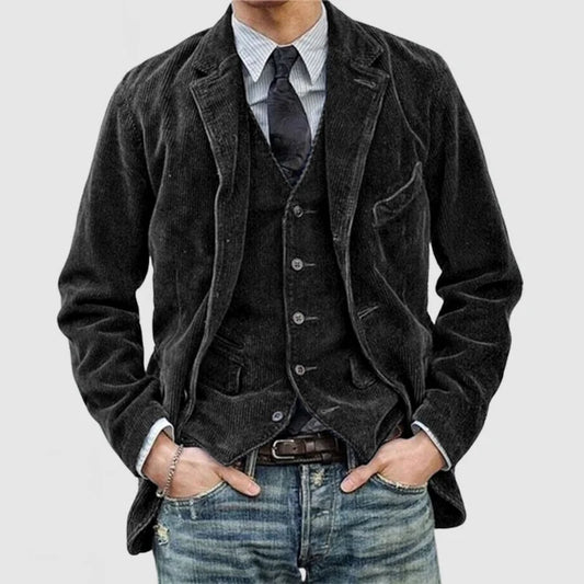 Elegant Corduroy Blazer for Women with Lapel Collar Long Sleeve Vest Detail Tailored Style