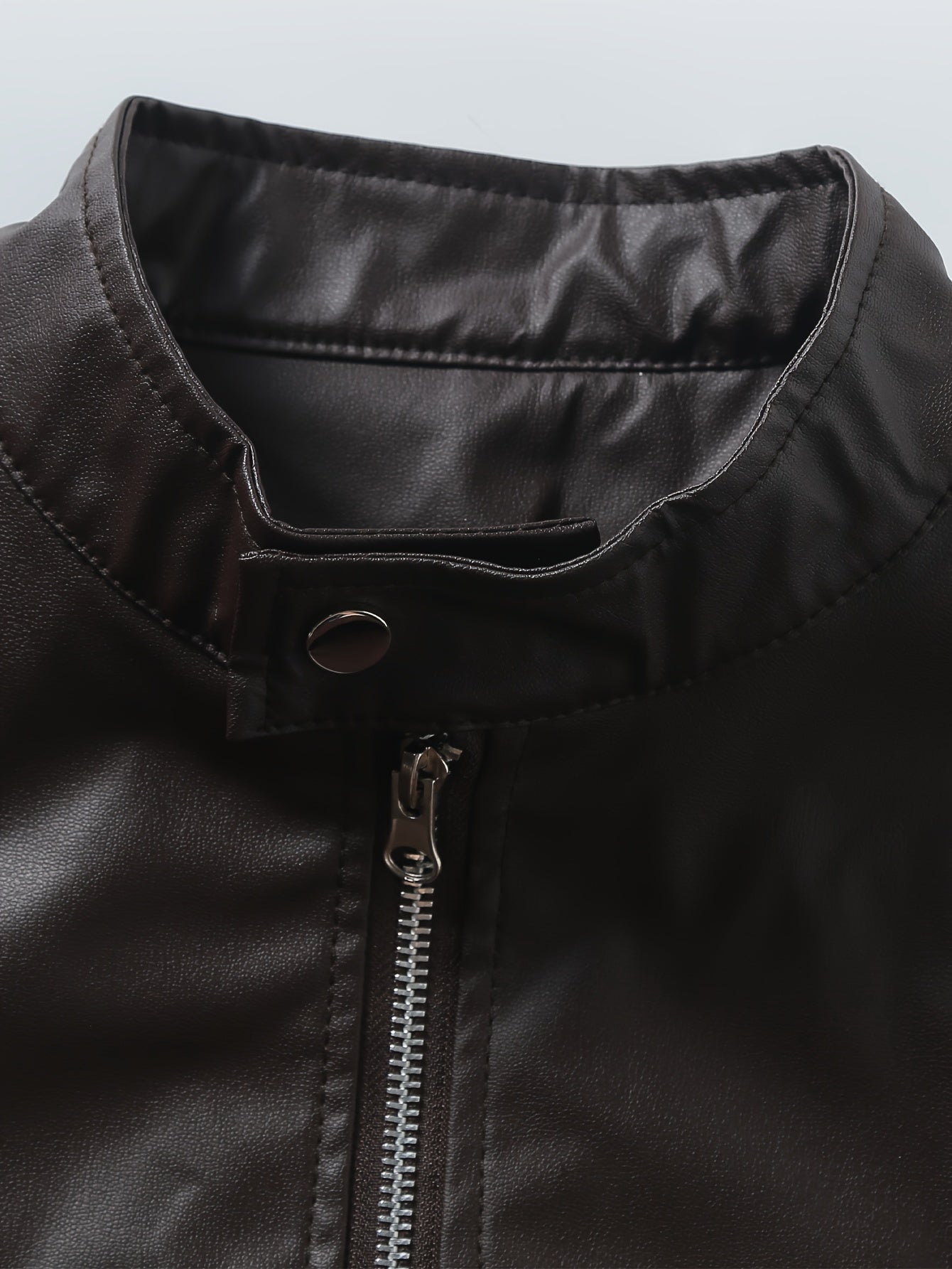 Elegant Navy Blue Leather Jacket for Women with Stand Collar Long Sleeve Zip Pocket Moto Style