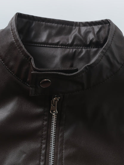 Elegant Navy Blue Leather Jacket for Women with Stand Collar Long Sleeve Zip Pocket Moto Style