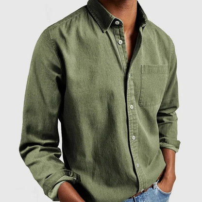 Effortless Denim Button Up Shirt for Women with Collar Long Sleeve Chest Pocket Relaxed Casual Style