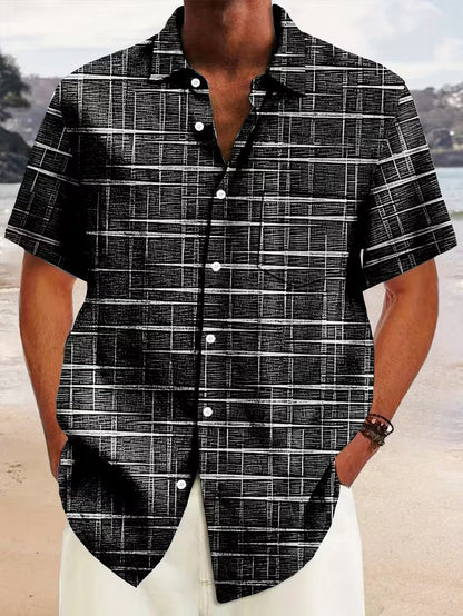 Effortless Plaid Print Shirt for Women with Collar Short Sleeve Button Front Curved Hem Casual Style