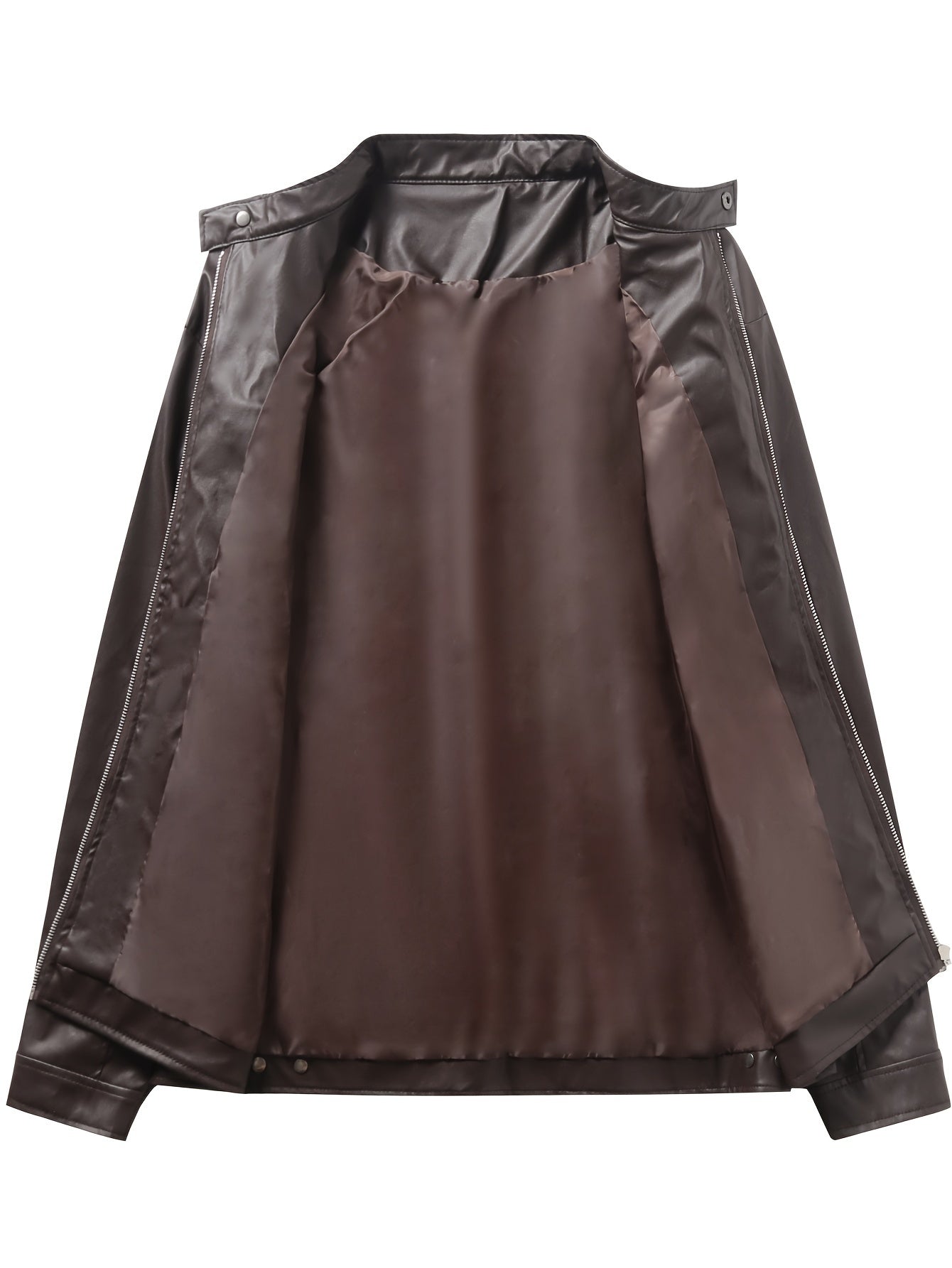 Elegant Navy Blue Leather Jacket for Women with Stand Collar Long Sleeve Zip Pocket Moto Style