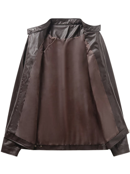 Elegant Navy Blue Leather Jacket for Women with Stand Collar Long Sleeve Zip Pocket Moto Style