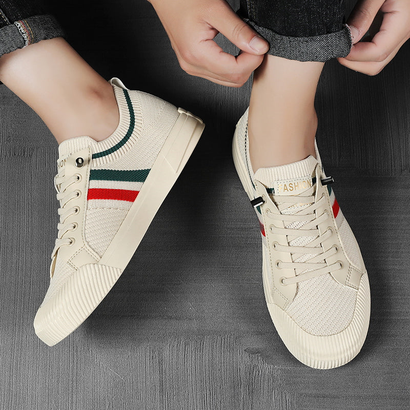 Effortless Knit Fashion Sneaker for Women with Lace Up Low Top Striped Trim Casual Style