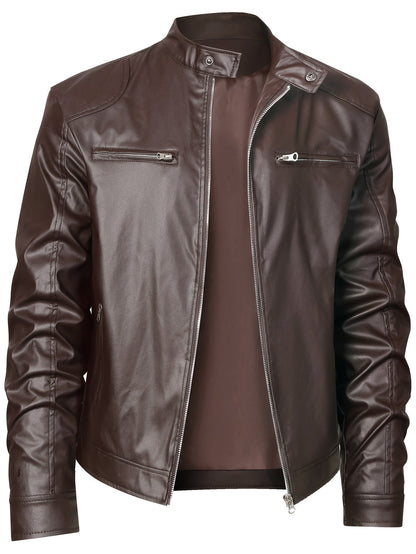 Elegant Navy Blue Leather Jacket for Women with Stand Collar Long Sleeve Zip Pocket Moto Style