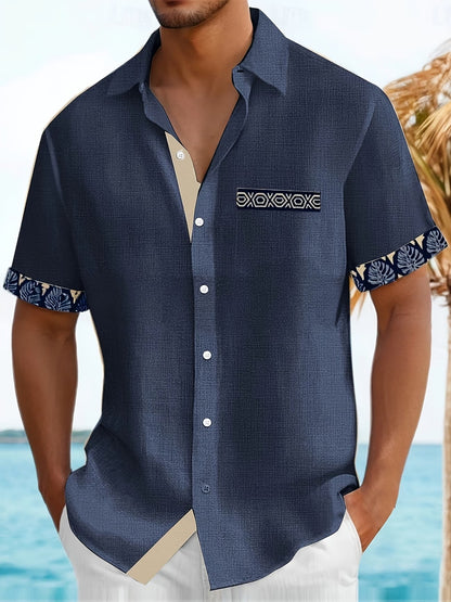 Effortless Linen Tropical Print Shirt for Women with Collar Short Sleeve Color Block Button Front Casual Style