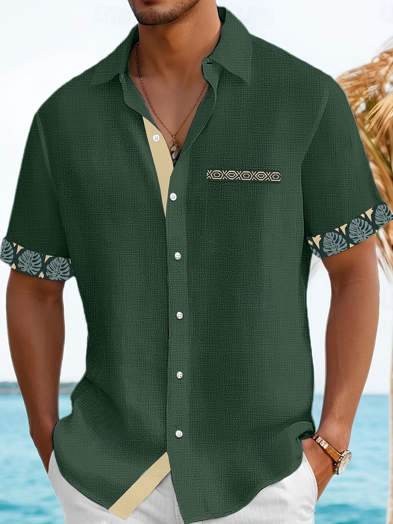 Effortless Linen Tropical Print Shirt for Women with Collar Short Sleeve Color Block Button Front Casual Style