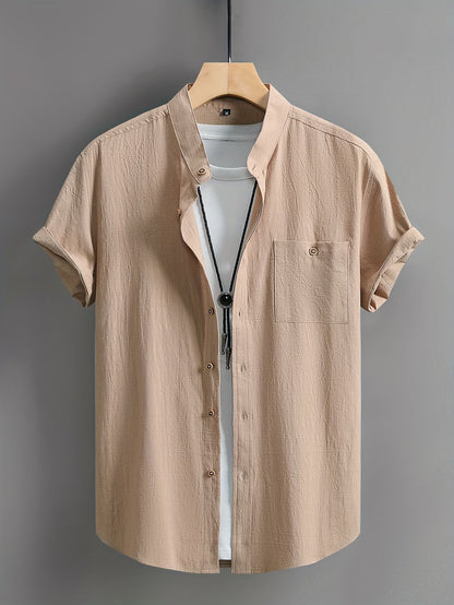 Effortless Linen Shirt for Women with Stand Collar Short Sleeve Button Front Casual Style