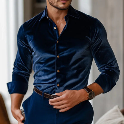 Elegant Velvet Shirt for Women with Collar Long Sleeve Button Front Fitted Silky Style
