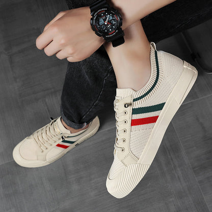 Effortless Knit Fashion Sneaker for Women with Lace Up Low Top Striped Trim Casual Style
