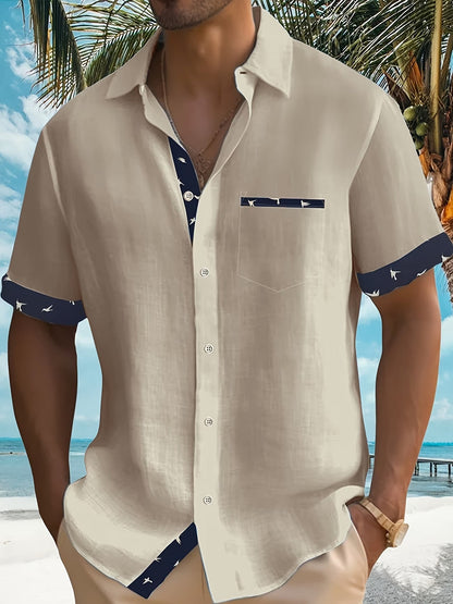 Effortless Contrast Trim Linen Shirt for Women with Collar Short Sleeve Button Front Relaxed Casual Style