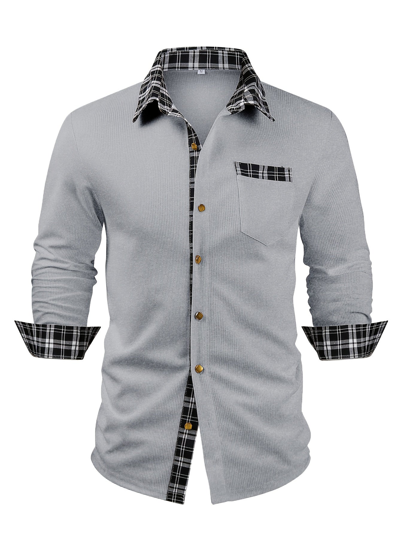 Effortless White Waffle Knit Button Down Shirt for Women with Plaid Collar Long Sleeve Button Front Chest Pocket Casual Style