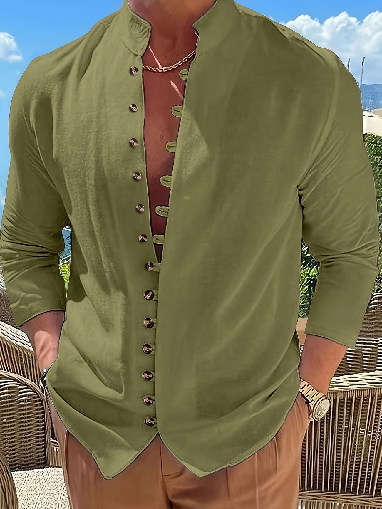 Effortless Linen Button Front Shirt for Women with Stand Collar Long Sleeve Curved Hem Relaxed Casual Style