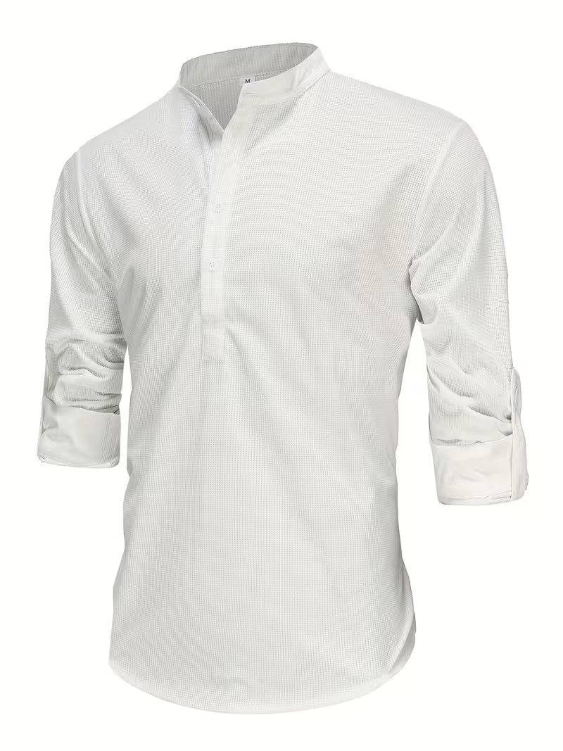 Effortless White Waffle Knit Blouse for Women with Band Collar Long Sleeve Roll Tab Cuff Casual Style