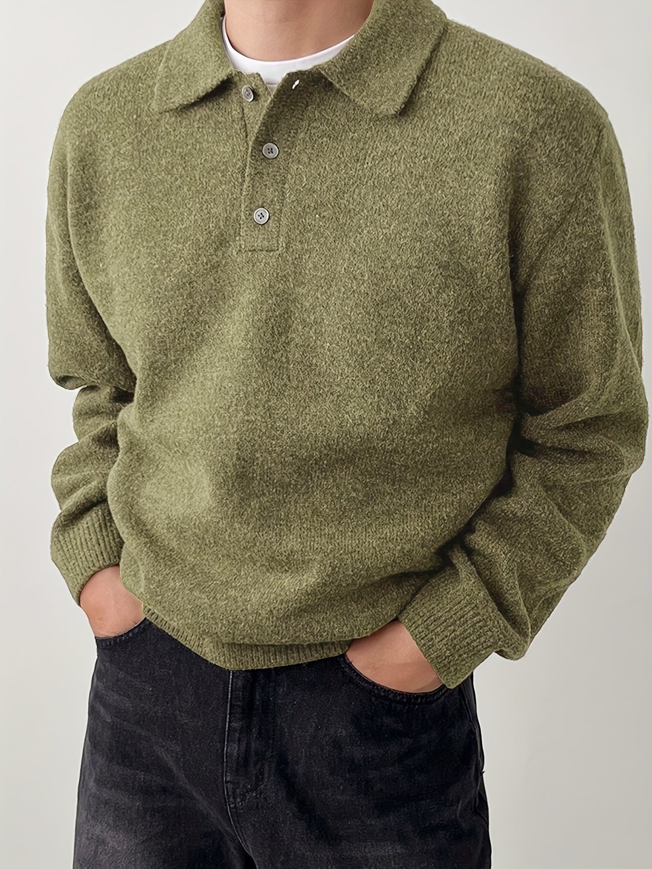 Comfortable Olive Green Knit Sweater for Women with Collar Long Sleeve Button Front Relaxed Oversized Style
