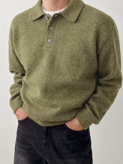 Comfortable Olive Green Knit Sweater for Women with Collar Long Sleeve Button Front Relaxed Oversized Style