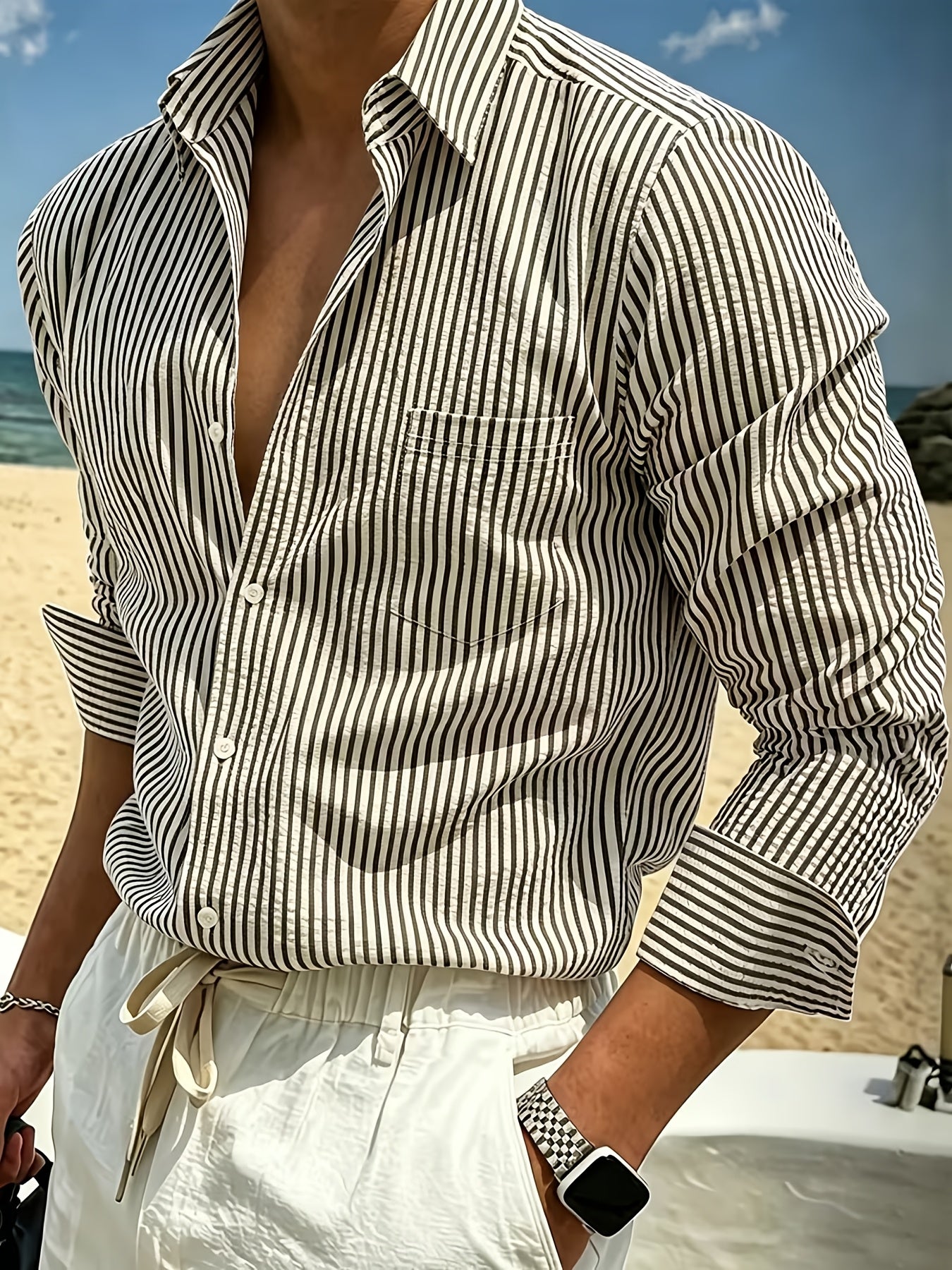 Effortless Blue Striped Seersucker Blouse for Women with Collar Long Sleeve Button Front Relaxed Style
