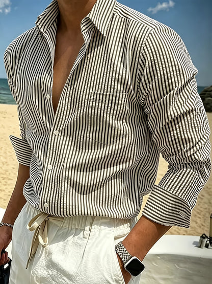 Effortless Blue Striped Seersucker Blouse for Women with Collar Long Sleeve Button Front Relaxed Style
