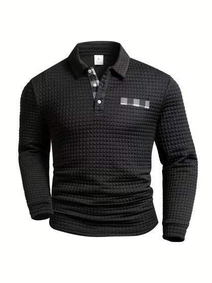 Comfortable Waffle Knit Polo Shirt for Women with Collar Long Sleeve Plaid Trim Button Front Casual Style