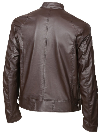 Elegant Navy Blue Leather Jacket for Women with Stand Collar Long Sleeve Zip Pocket Moto Style