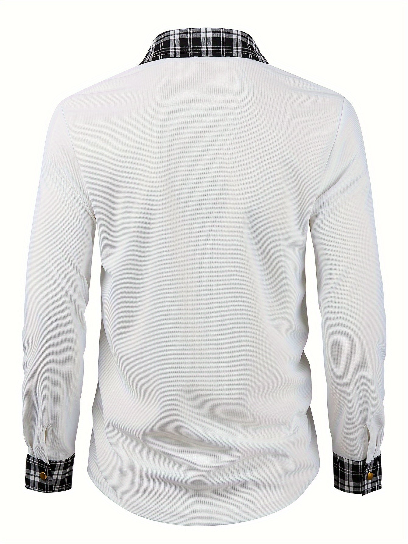 Effortless White Waffle Knit Button Down Shirt for Women with Plaid Collar Long Sleeve Button Front Chest Pocket Casual Style
