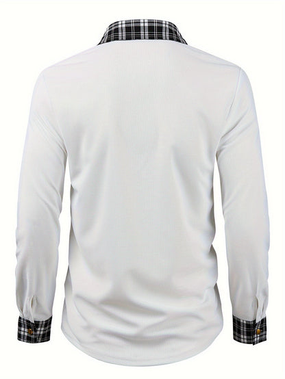 Effortless White Waffle Knit Button Down Shirt for Women with Plaid Collar Long Sleeve Button Front Chest Pocket Casual Style