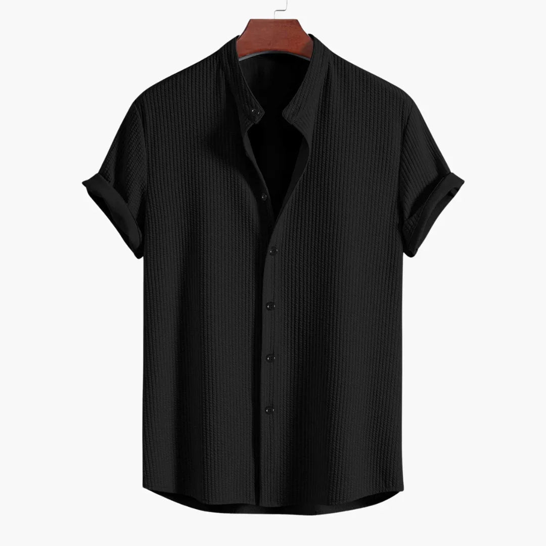 Effortless Textured Button Up Shirt for Women with Banded Collar Short Sleeve Relaxed Casual Style