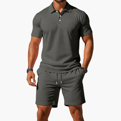 Comfortable Textured Knit Two Piece Set for Women with Collared Short Sleeve Drawstring Shorts Casual Style