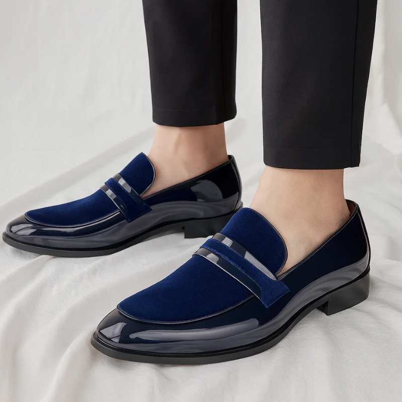 Elegant Velvet Patent Leather Loafer for Women with Pointed Toe Penny Strap Block Heel Formal Style