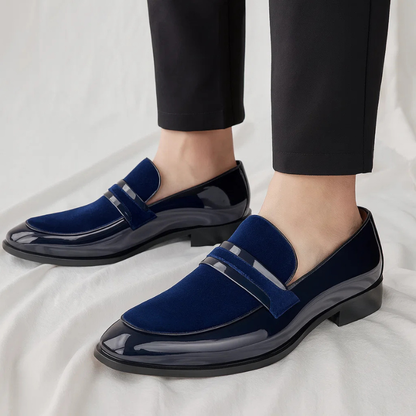 Elegant Velvet Patent Leather Loafer for Women with Pointed Toe Penny Strap Block Heel Formal Style