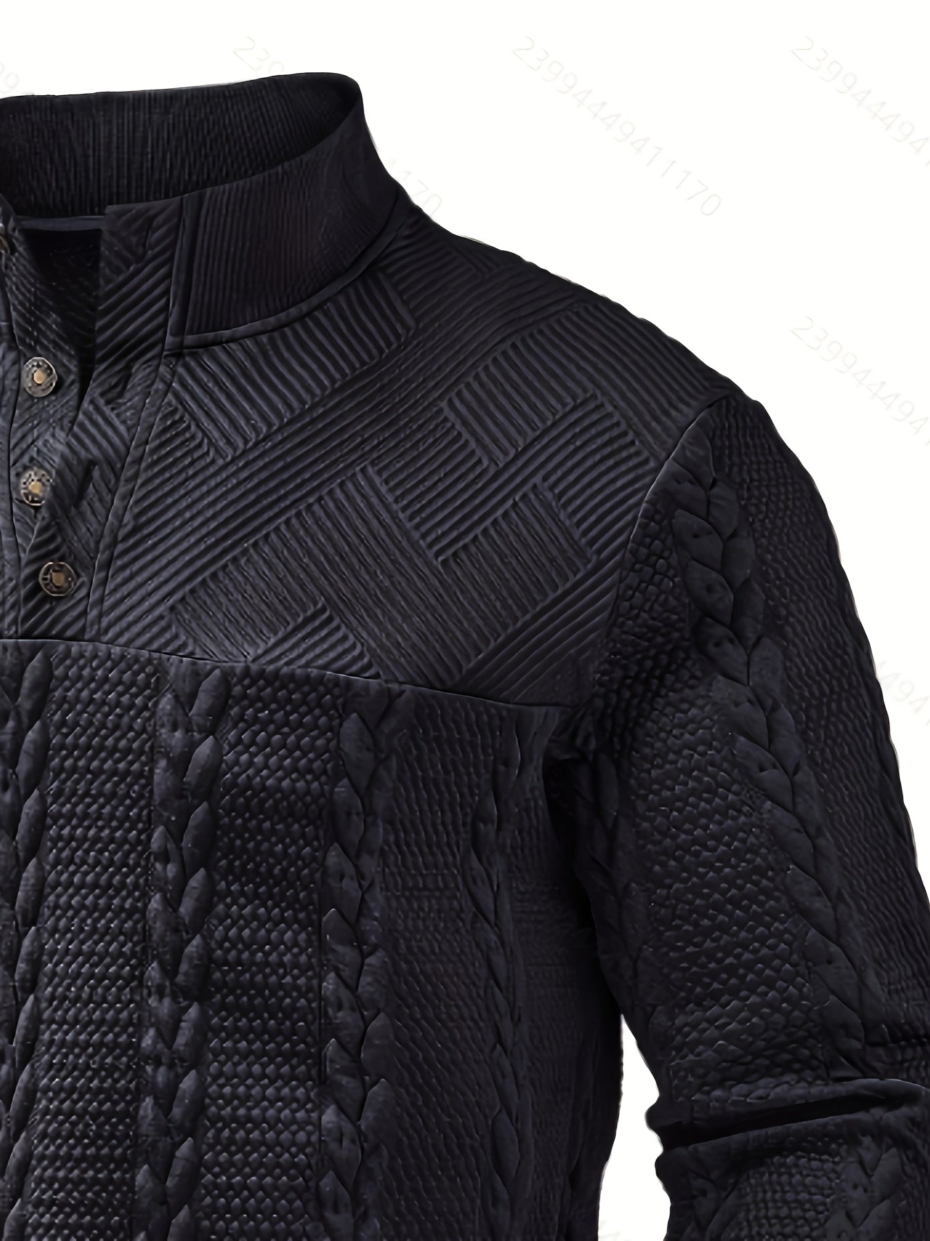 Comfortable Black Cable Knit Sweater for Women with Mock Neck Long Sleeve Button Placket Relaxed Style