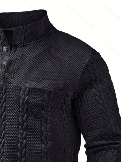 Comfortable Black Cable Knit Sweater for Women with Mock Neck Long Sleeve Button Placket Relaxed Style
