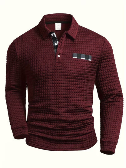 Comfortable Waffle Knit Polo Shirt for Women with Collar Long Sleeve Plaid Trim Button Front Casual Style